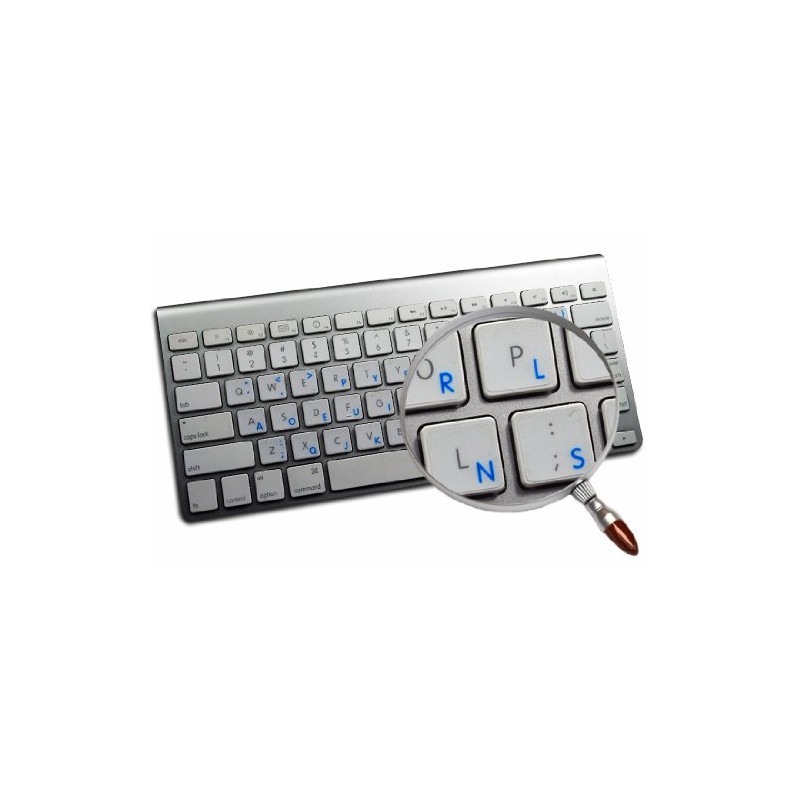 DVORAK STICKY LABELS for KEYBOARD with BLUE LETTERING TRANSPARENT BACKGROUND