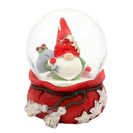 Snow Globe Christmas Gnome with Gift Bag on Red Base with Stars, Length x Width x Height x Diameter 6.8 x 9 cm Diameter 6.5 cm