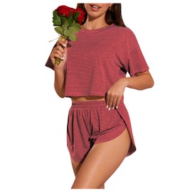 OYOANGLE Women's Two Piece Pajama Set Striped Print Crew Neck Short Sleeve Tee and Side Split Shorts Set Red X-Large