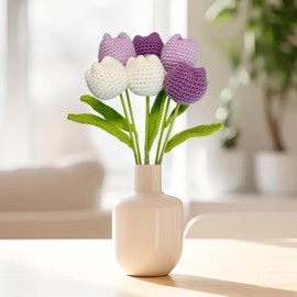 XIZIX Crochet Flowers, 6Pcs Bring Individual Wrapping Paper Crochet Flower Bouquet Purple Tulips Artificial Flowers Decor Hand Woven Flowers Knitted Flower Bouquet with Packaging