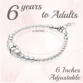 Baby Crystals Delicate Baptism Pearl Bracelet for Girls, Sterling Silver Cross Charm Baptism Gifts for Girl Embellished with High-end white Simulated European Pearls, Girls Jewelry