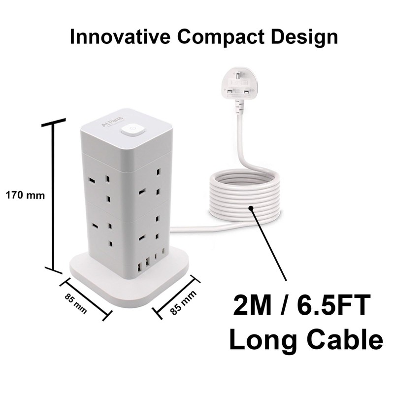 AJP Tower Extension Lead 4 USB Slots 8 Way Plug