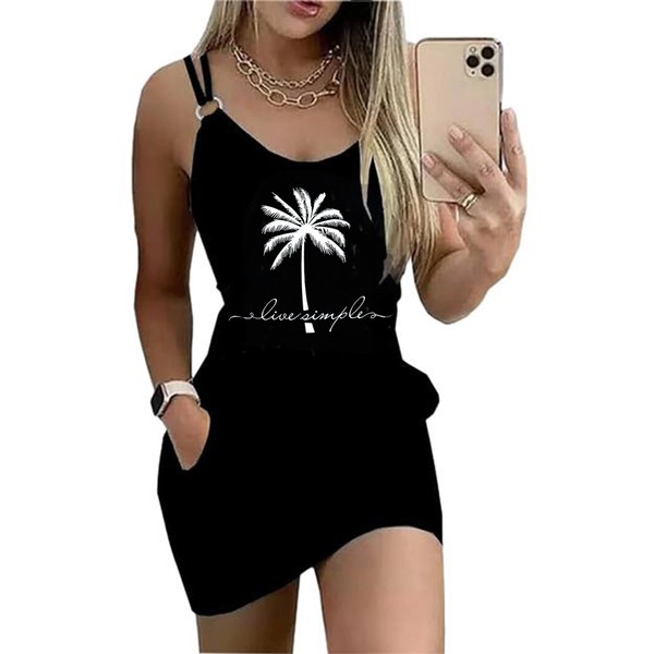 Women's Live Simple Coconut Tree Color Block Mini Dress Spaghetti