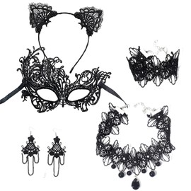 Hopodix 6Pcs Costume Accessories with Black Lace Cat Ears Headband Choker Necklace Bracelet Earings Masquerade Mask for Women Lady Masquerade Cosplay Party Gifts Lace Accessories