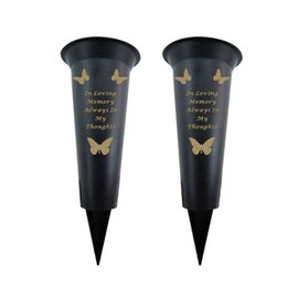 Memorial Grave Vases Ornaments Black Plastic Flower Holders - Butterfly Spike Grave Flower Vases with Funeral Verses for Your Loved Ones - Pack of 2 (Always in my thoughts - Pack of 2)