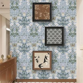 Abyssaly Vintage Tulip Floral Peel and Stick Wallpaper William Morris Blue/Green Removable Flower Contact Paper for Wall Furniture Shelf Cabinet Decor, Vinyl Self Adhesive Wall Paper 17.3" x 393.7"