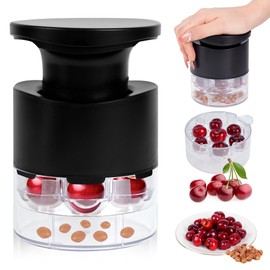 JMBTLUS Cherry Pitter, 7-Hole Long Plunger Push Button Cherry Core Remover Tool with Splatter Protector, Quickly Pitting Cherries for Making Jam, Pies (Black)