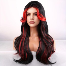 WTHCOS Black Red Ombre Wigs for Women Gilrs Long Curly Wavy Black And Red Wig With Curtain Bangs Heat Resistant Synthetic Wigs for Cosplay Costume Party