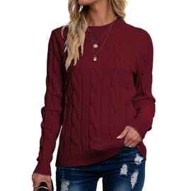 Breampot Women Cable Knit Jumper Casual Basic Long Sleeve Pullover Sweater Tops(Wine,Small)