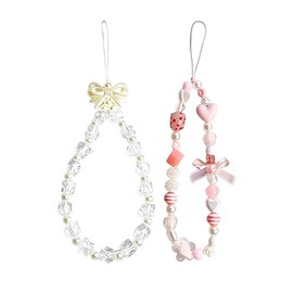 YSUY 2Pcs Cute Phone Charm Wrist Strap, Pearl Bow Crystal Flower Phones Charms, Pink Stylish Phone Chain, Anti-Lost Lanyard Handmade Phones Bracelet Strap, Adorable Charms for Women Girls