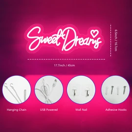Sweet Dreams Neon Sign Pink Letter LED Neon Lights for Bedroom Wall Decor Words USB Powered Light Up Sign for Furniture shop Room Decor Wall Hanging Decoration Gift for Daughter Girls(17.7in*6.6in)