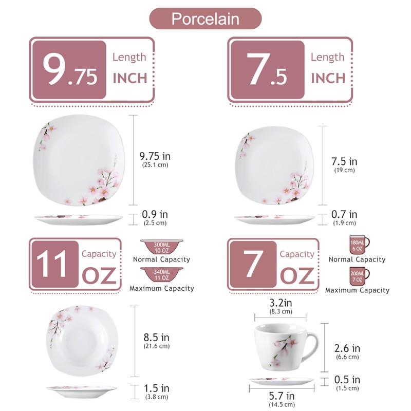 VEWEET Annie Porcelain Dinnerware for 6, 30-Piece Pink Floral Dish