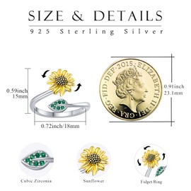 Sunflower Ring 925 Sterling Silver Fidget Rings Sunflower Spinner Ring Open Adjustable Ring Gift Jewellery for Women, Sterling Silver