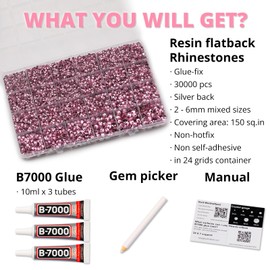 Worthofbest 30000Pcs Resin Rhinestones Set for Crafting Bedazzling, Pink Flatback Gems Jewels for Crafts Clothes Shoes Fabric Outfit Nails Makeup, Flat Back Light Pink Crystal 2-6mm with b 7000 Glue