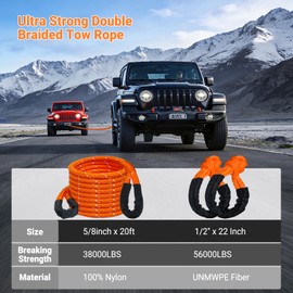Kinetic Recovery Tow Rope Kit - 35% Stretch, 5/8inch x 20ft 38,100lb Breaking Strength Tow Strap with 2 Soft Shackles for Safe Off-Road Vehicle Recovery of Jeep, Truck, SUV, UTV, ATV - Orange