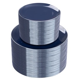 KIRE 200PCS Blue Plastic Plates with Silver Rim - Navy Blue Plastic Plates Include 100 Dinner Plates and 100 Dessert Plates - Heavy Duty Dark Blue Disposable Plates for Parties