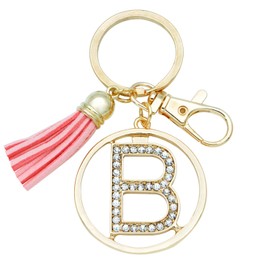 Letter Keychain for Women Purse Charms for Handbags Crystal Alphabet Initial Letter Pendant with Tassel (Gold-B)