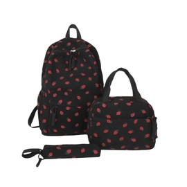 Makukke Kawaii Girls' School Backpack - Adorable Strawberry Corduroy 3-in-1 School Bookbag with Fleece Lunch Box & Pencil Case for Age 8-10