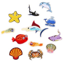 Assorted 27pcs Marine Creatures Iron on Patches Shark Whale Dolphin Clams Shell Crabs Seahorses Starfish Manta Ray Octopus Embroidered Patches Appliques Decorative Repair Patches DIY Sew on Motif