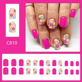Tyuimhx Colorful Flowers Press on Nails Short Square Fake Nails Pink False Nails With Floral Designs Full Cover Stick on Nails Acrylic Spring Summer Artificial Nails for Women Glue on Nails 24 Pcs