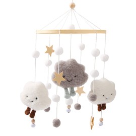 Promise Babe Mobile Baby Wind Chimes with Felt Balls Clouds Stars Mobile Baby Room Wood Crocheted Mobile Baby Boys Girls Bed Bell Pendant for Hanging Baby Bed Cot Changing Table Decoration Grey