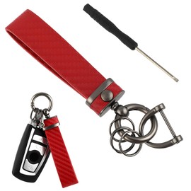 HJZHII Leather Car Keychain, Detachable Carbon Fiber Keyrings for Car Keys 360 Degree Rotatable with Anti-Lost D-Ring Screwdriver Auto Key Chain Holder Car Accessories for Men Women(Red)