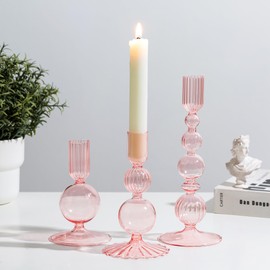 Glasseam Pink Glass Candlestick Holder: Unique Candle Holders Set of 3 Modern Taper Candle Holder Decorative Candle Holders for Table Centerpiece Party Christmas Home Wedding Decoration