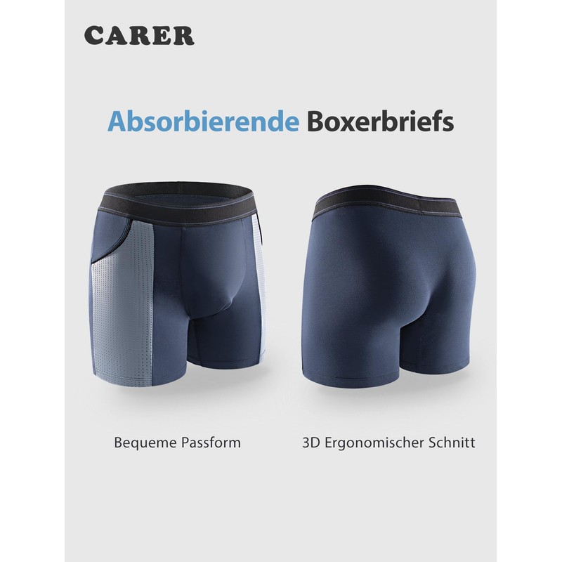 Carer Pack of 2 Bamboo Men's Incontinence Boxer Shorts Washable