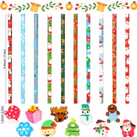 Qpout 20pcs Christmas Pencils Assortment with Eraser Topper with Santa Christmas Tree for Incentive Gift Festive Themes Pencil Set for Children Boys & Girls Party Bag Filler
