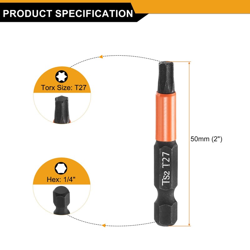 HARFINGTON 5pcs T27 Torx Head Screwdriver Bit 2" (50mm) Long