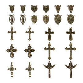 Pandahall 48Pcs Tibetan Rosary Cross Charms Our Lady Miraculous Medal Cross Pendants Oval Chandelier Links with Jesus Virgin Mary Crucifix Charm Pendants for Rosary Bead Necklace Jewelry Making