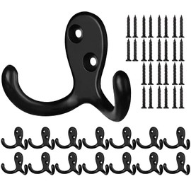BIGLUFU Pack of 14 Coat Hooks Black Coat Hooks Vintage Double Wall Hooks Metal Hooks with 28 Pieces Screws for Coats, Towels, Backpack, Hat