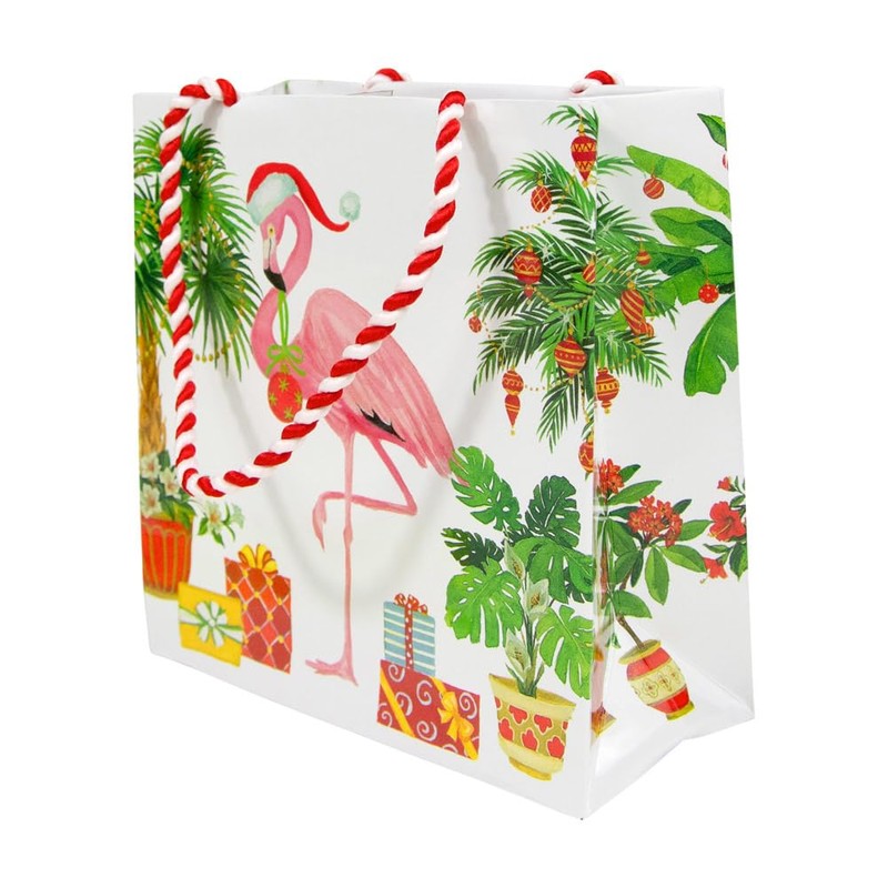 Caspari Christmas Flamingos Small Square Gift Bag, 2 Count