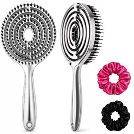 Cepillo para Cabello Desenredante con Cerdas de Jabalí y Nylon, Anti Frizz para Cabello Rizado, Lacio y Ondulado, Seco o Mojado, con 2 Scrunchies,