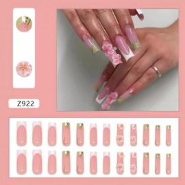 OHWODA Long Press on Nails with 3D Floral Designs, Pink French Tips Fake Nails, Glossy Finish Glue on Nails, Extra Long Square Shaped Artificial Nails, Spring Stick on Nails for Women, 24 Pieces
