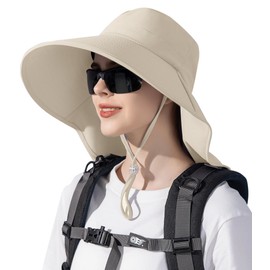 Sun Hats for Women UPF 50+ Uv Protection with Ponytail Hole，Beach Wide Brim Hats Fishing Hats，Gardening Hat for Neck Flap Beige