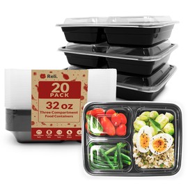 Reli. Meal Prep Containers 32 oz (20 Pack) 3 Compartment Meal Prep Containers Reusable, Microwave Safe | Plastic Togo Containers for Food | Meal Prep Container for Takeout, To Go, Leftover, Food Prep