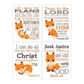 Woodland Fox Christian Nursery Decor Set of 4 Adorable Cute Unframed Prints with Bible Verses