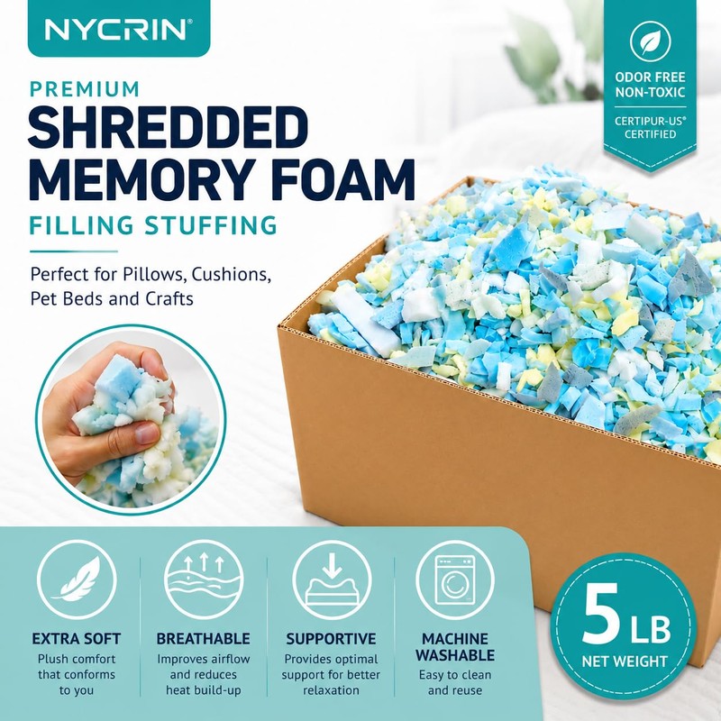 10lbs Shredded Memory Foam Filler for Pillows, Bean Bags &