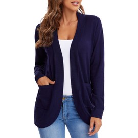 Urban CoCo Womens' Long Sleeve Knit Sweater Cardigans Curved Hem Open Front with Pockets (Navy Blue, M)