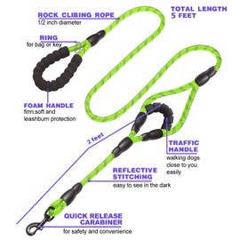 JSXD Dog Leash,5 FT Heavy Duty Double Handle Dog Leash with Comfortable Padded and Reflective,Rope Dog Leashes for Small,Medium,Large Dogs (Green)
