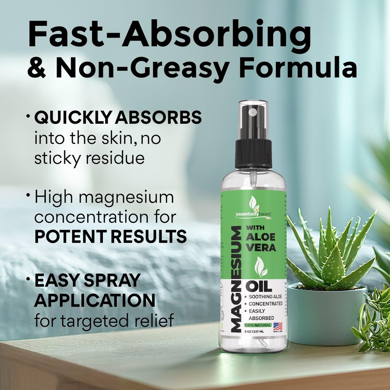 essentiallybased Pure Magnesium Oil Spray with Aloe Vera 8oz -