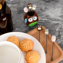 SHIDOW Fruit Fork Set, Cute Animal Food Picks, Stainless Steel Animal Fruit Fork, Party Decor, with Ceramics Holder (Owl)