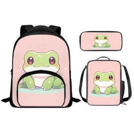 Flashideas Kids Backpack Set 3Pcs Backpack for School Girls with Lunch Box Pencil Case Cute Frog Toddler Bookbag Casual Daypack for Elementary Primary Middle School Bookbag