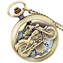 Lancardo Antique Brass Tone Motobike Hollow Skeleton Case Military Time Pocket Watch with Chain