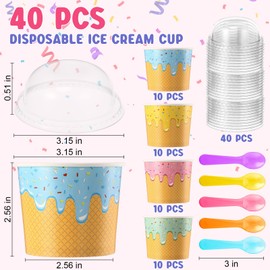 Jingmore 40 Pack 6 oz Ice Cream Cups with Lids and Spoons Paper Dessert Cups Colorful Sundae Bowls Disposable Ice Cream Containers for Hot Soup Spring Summer Graduation Bar Party Supplies