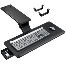 PEGZONE Keyboard Tray Under Desk with Storage Drawer, Height Adjustable Keyboard Tray Slide Out Swivel Tilt, Ergonomic Under Desk Mount Keyboard & Mouse Holder for Gaming Home Office, 25x11'', Black