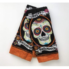 Mainstream Colorful Printed Plush Kitchen Dish Towels, Sugar Skull with Orange Border (Set of 2)