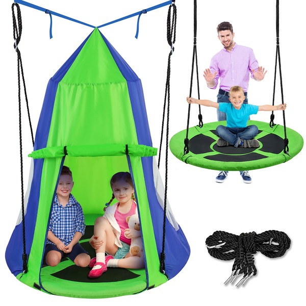 SereneLife 40" Kids Hanging Tent Swing, Outdoor Saucer Swing with Rope Straps (Green), Large