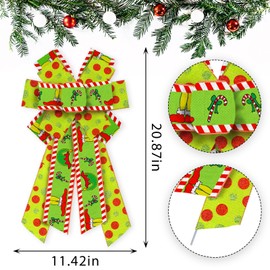 ABTOLS Large Christmas Bows for Wreath, Red Green Glitter Dot Wreath Bows Christmas Elf Bows for Front Door, Xmas Red White Stripe Burlap Tree Topper Bows for Christmas Indoor Outdoor Decor